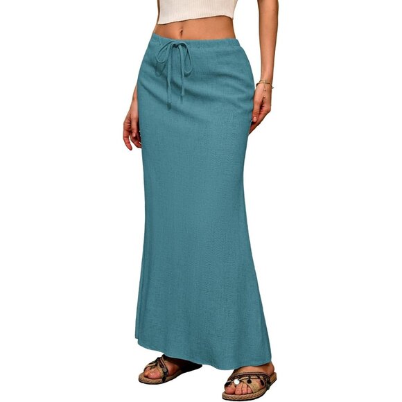 Women's Peacock Blue Linen Back Slit Elastic Drawstring Ankle-Length Maxi Skirt